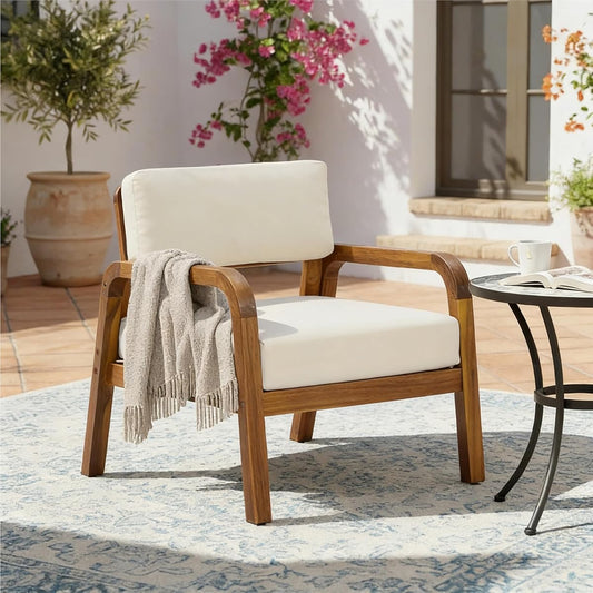 Canico Acacia Wood Lounge Chair Outdoor with Weather-Resistant Cushion, Wooden Patio Accent Chair with Open Frame Design, Outdoor Armchair for Patio Furniture Set, Cream + Teak
