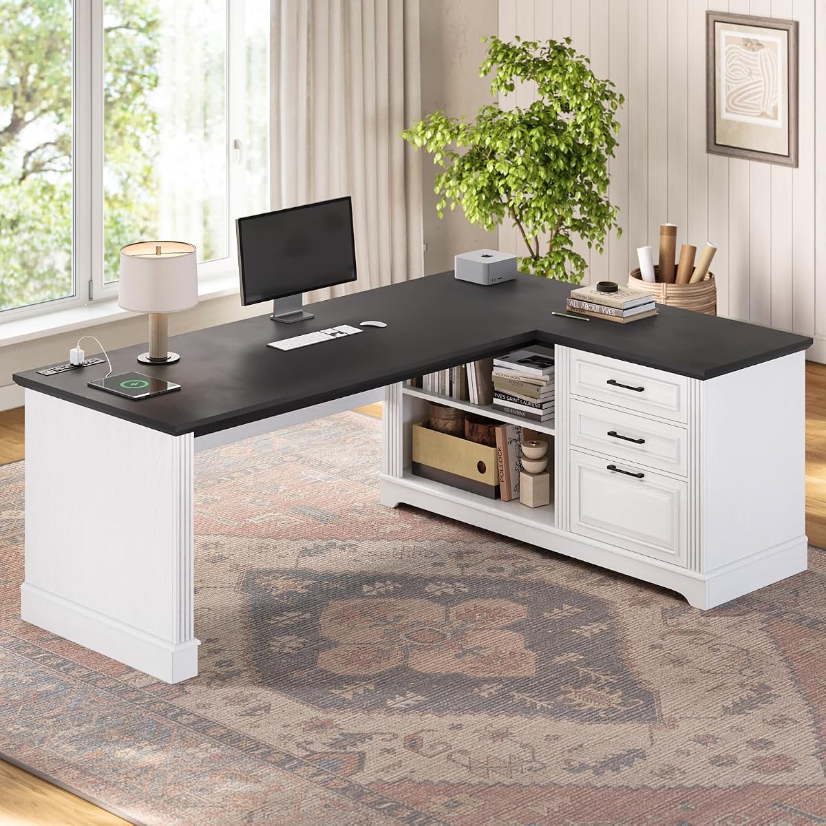 Farmhouse 61" Executive L Shaped Desk with Drawers for Home Office