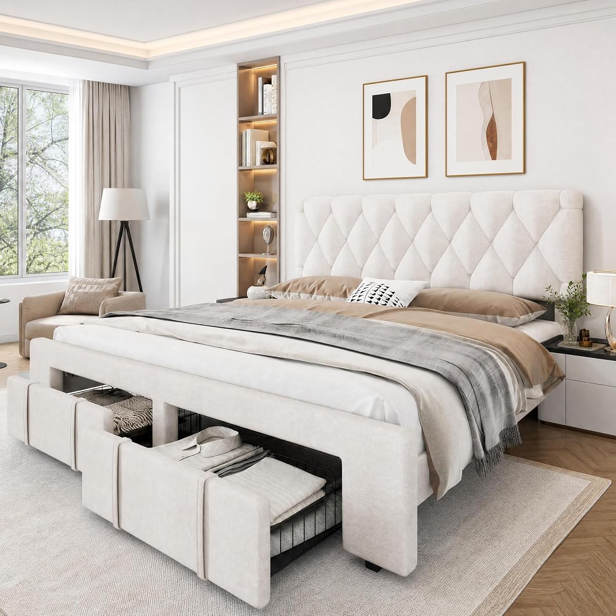 Upholstered King Size Bed Frame with Storage Drawers, Beige