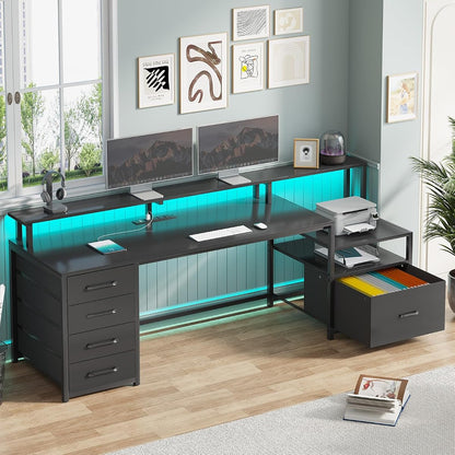 Computer Desk with 5 Drawer, Power Outlet, Led Lights, Black