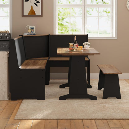 Corner Dining Table Set with Storage, 3-Piece L-Shaped Breakfast Nook Featuring Hidden Bench Storage, Compact Kitchen Dining Set for Small Spaces, Black & Oak