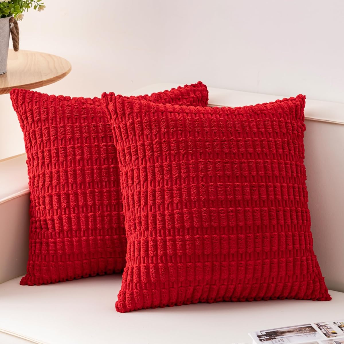 Pack of 2 Corduroy Decorative Throw Pillow Covers 18x18 Inch, Red