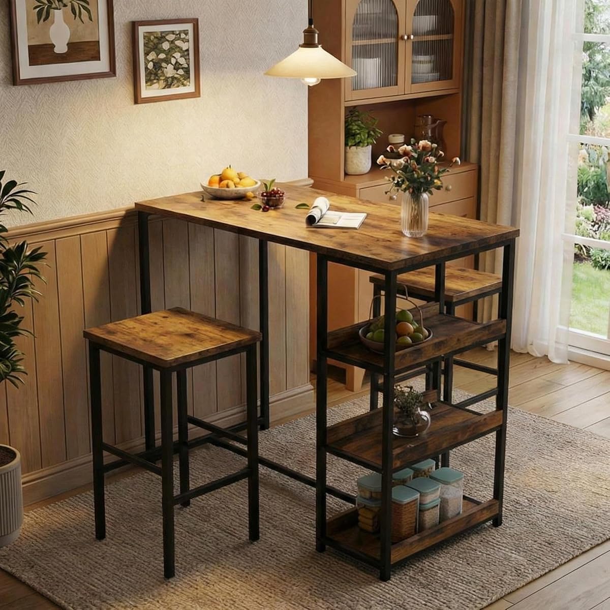 3-Piece Kitchen Table Set with Storage Shelves & 2 Bar Stools - Iron and Wood Dining Table for Small Spaces, Apartments, Condos, Rustic Brown