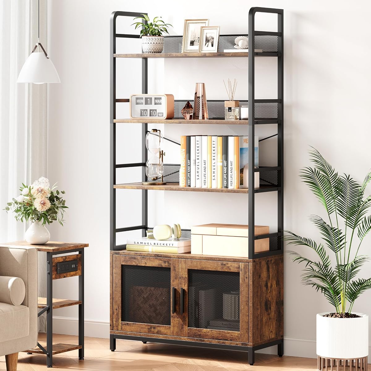 GAOMON Industrial Bookshelf with Doors 70.87" Tall Bookcase with 4 Tiers Open Storage Shelf Rustic Bookshelves Display Rack Cabinet Farmhouse Bookshelf for Bedroom, Living Room, Home Office, Brown