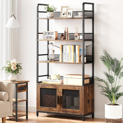 GAOMON Industrial Bookshelf with Doors 70.87" Tall Bookcase with 4 Tiers Open Storage Shelf Rustic Bookshelves Display Rack Cabinet Farmhouse Bookshelf for Bedroom, Living Room, Home Office, Brown