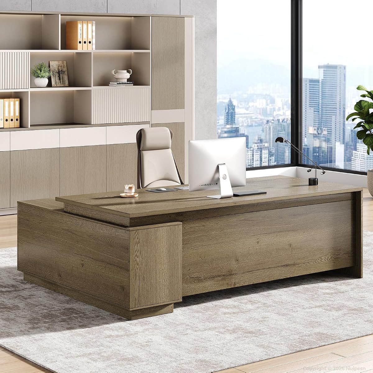 63" L-Shaped Executive Desk with Reversible Storage Cabinet
