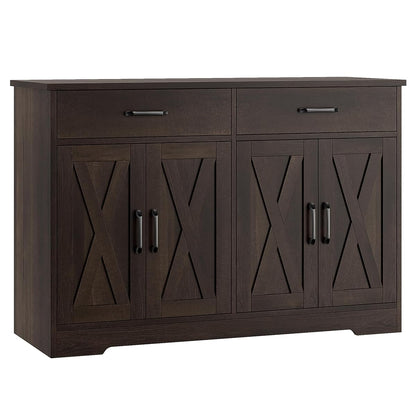 Buffet Cabinet with Storage, 47.2" Kitchen Sideboard Buffet with Drawers, Modern Farmhouse Coffee Bar Station with Shelves, Barn Doors Storage Cabinet for Living Room, Dark Brown