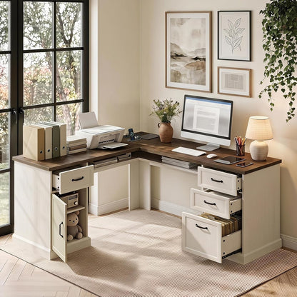 L Shaped Executive Desk with Storage, 4 Drawers, Brown & White
