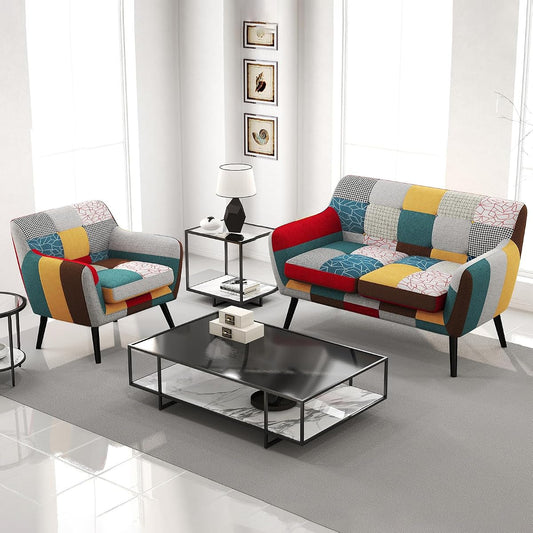 Modern Colorful 2 Piece Coroful Fabric Sofa Set, Included Accent Chairs and Boho Loveseat Sofa, Linen Patchwork Plaid Couches with Rubberwood Legs and Removable Upholstered for Living Room