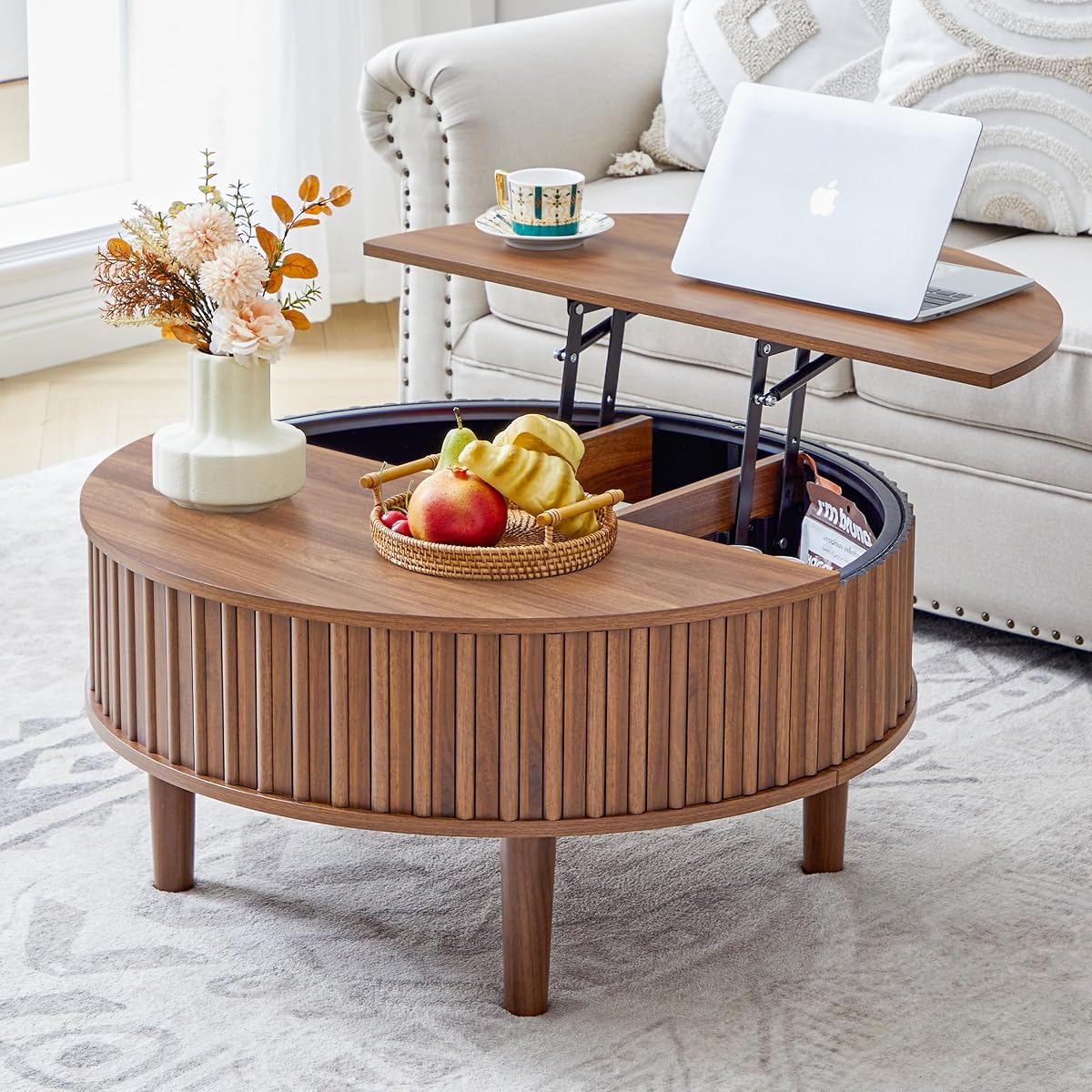 Round Lift Top Coffee Table with Storage, Fluted Mid Century Modern Coffee Tables, Small Space,31.5" Wooden Center Table for Living Room, Apartment, Office (Walnut)
