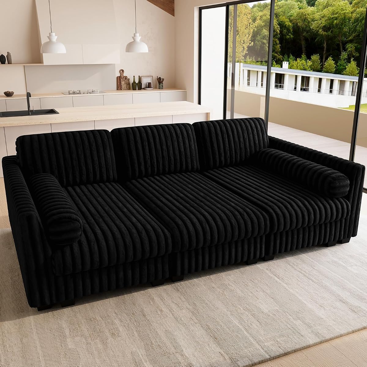 Plush Corduory Sectional Sleeper Sofa with Wide Deep Seat Modular Sectional Cloud Couches for Living Room. Black Couch