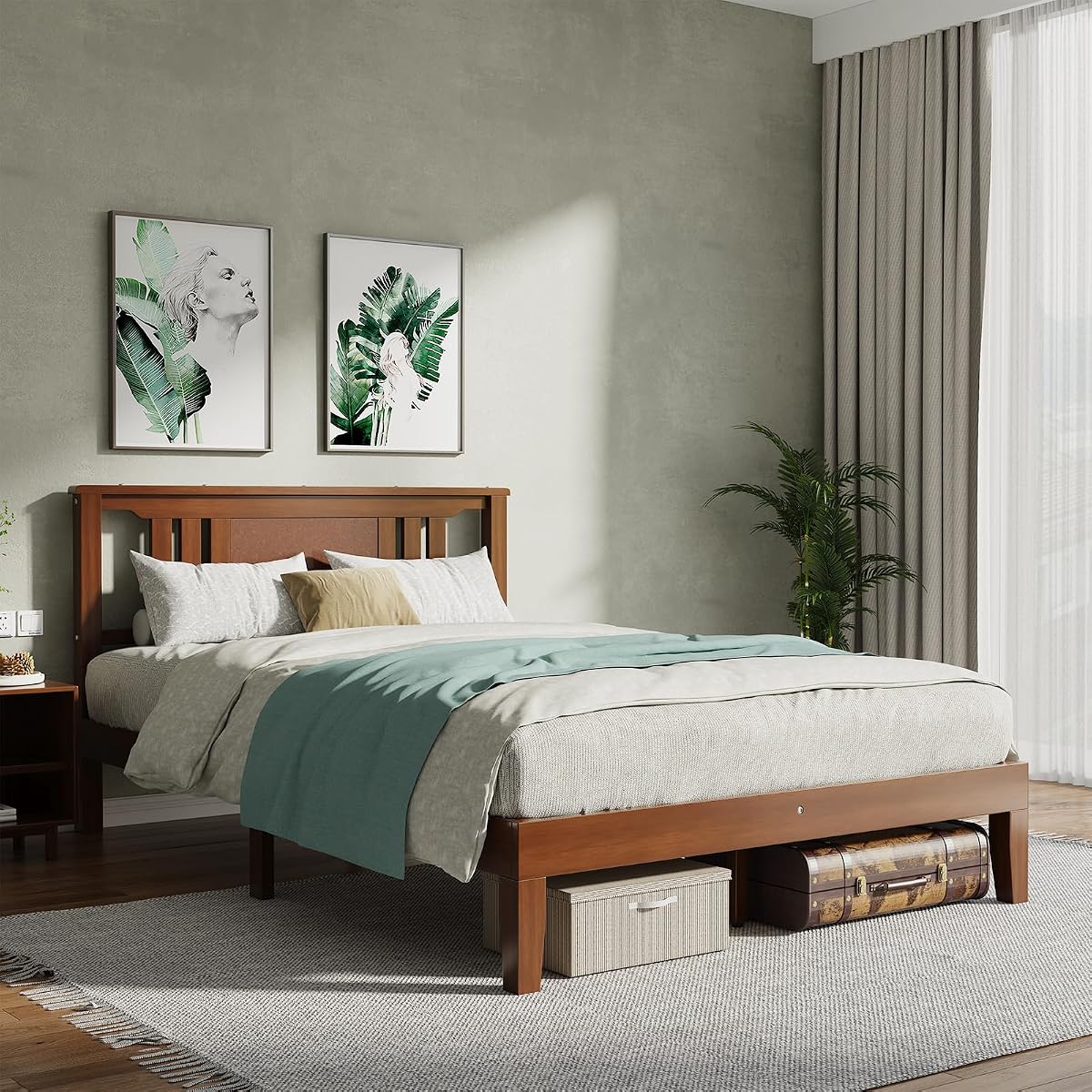 Wood Bed Frame with Pine Headboard, Sturdy Support, Easy Assembly