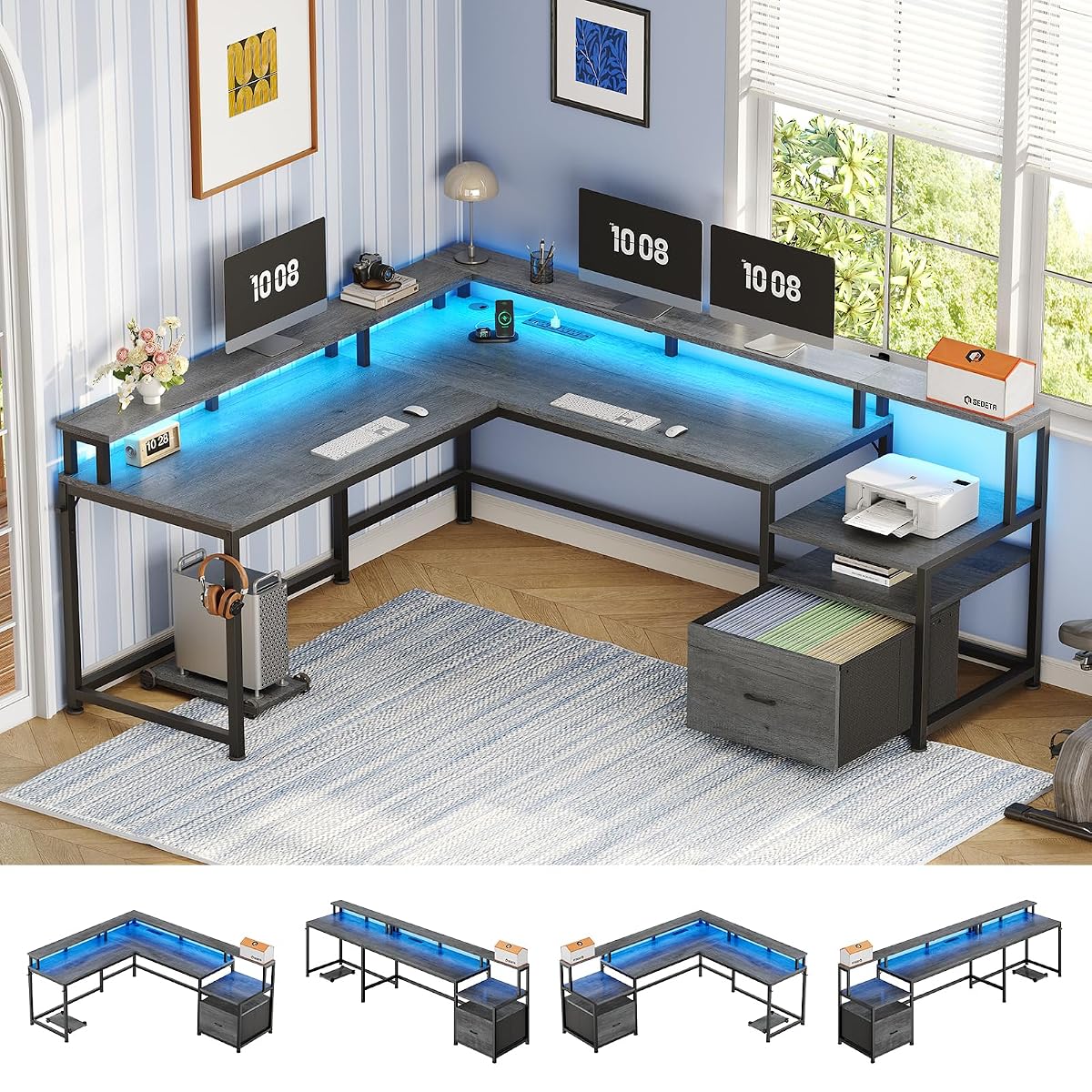 66" Reversible L Shaped Computer Desk with Power Outlet, File Drawer