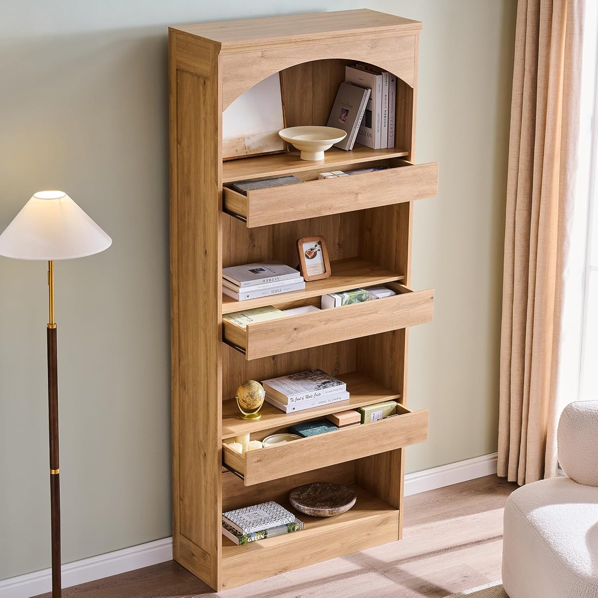 76" Tall Arched Bookcase with 1PC Magnetic Lock Drawer, Modern Wooden Arch Bookshelf w/3 Pull-Out Drawers, Farmhouse 4 Tiers Book Shelf w/Open Shelves for Living Room, Office (Natural)
