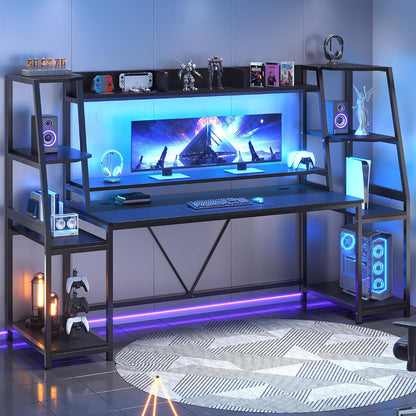 79'' Gaming Desk with LED Lights, Hutch and Storage Shelves, Black