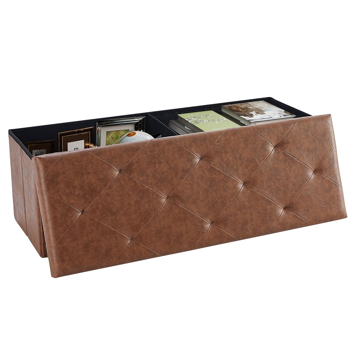 43 Inch Folding Storage Ottoman Bench, Large Hidden Storage Chest with Padded Seat, Foot Rest Stool Supports Up to 660Lbs, End of Bed Bench for Bedroom, Living Room, Faux Leather, Brown