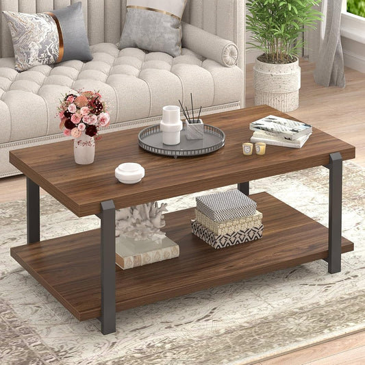 Modern Coffee Table with Storage Shelf, Rustic Wood Center Table for Living Room, Walnut