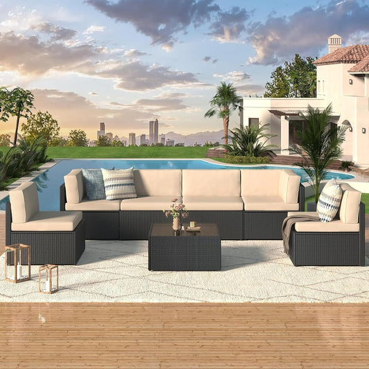 7 Piece Outdoor Patio Furniture Set, PE Rattan Patio Wicker Sectional Furniture Chair Set with Cushions and Tea Table, (Black Rattan&Beige Cushion with Cover)