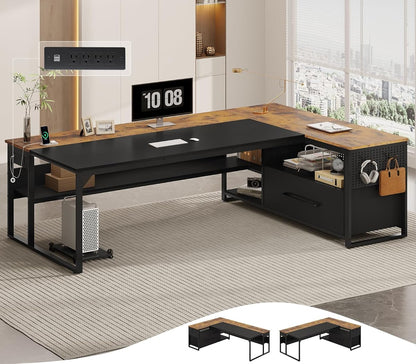 71" Executive Desk, Large Office Desk with Widen File Drawers & Power Outlets, Reversible L Shaped Computer Desk Corner Desk with Storage Shelves, CPU Stand, Hooks, Business Furniture
