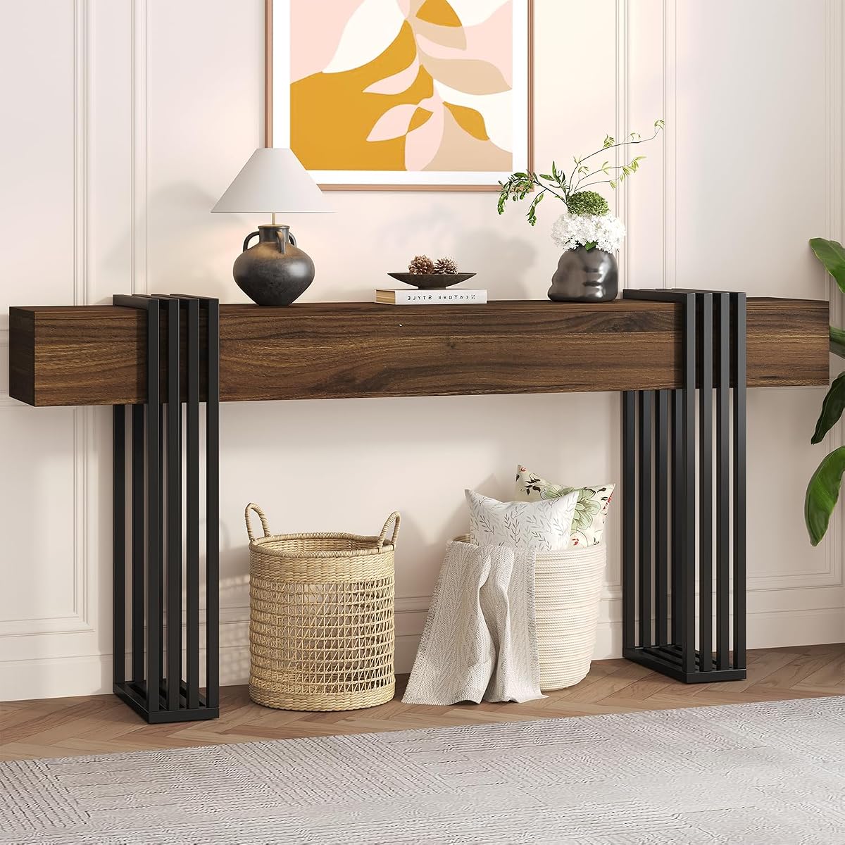 71 Inch Long Console Table, Extra Thick Industrial Sofa Table Behind The Couch Rectangular Entryway Table for Entrance Hallway Living Room, Entire top Board & 4-Pipe Legs, Walnut