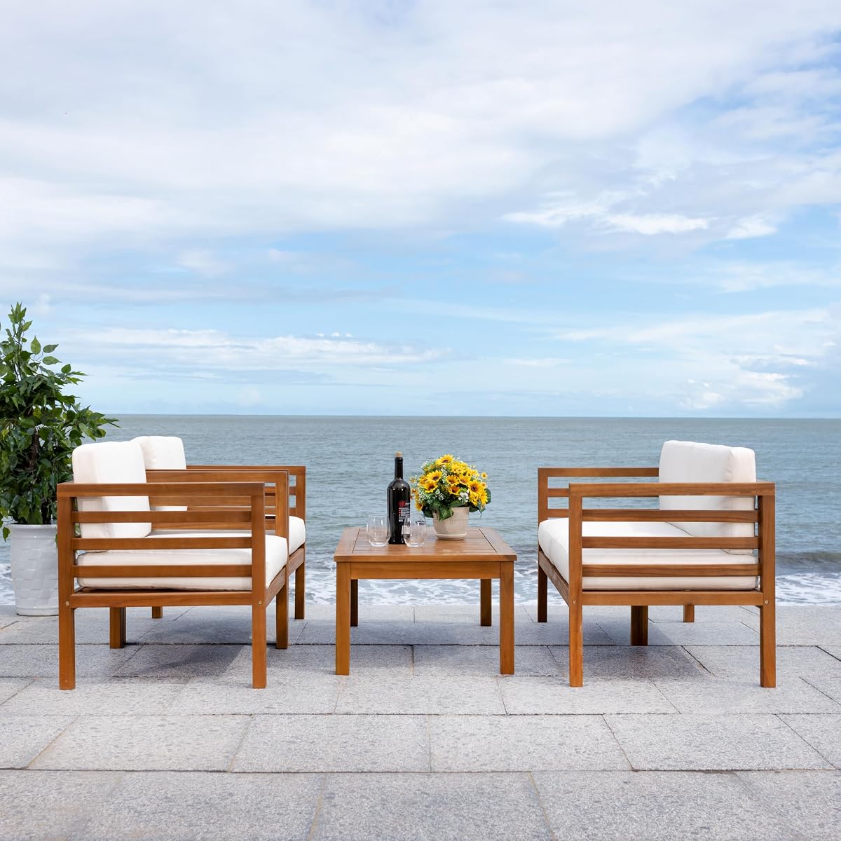 SAFAVIEH Outdoor Collection Kinnell Natural/Beige Cushion Solid Wood 4-Piece Conversation Patio Set