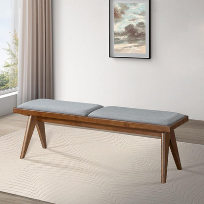 Solid Wood Bench with Grey Fabric Upholstery and Walnut Colored Legs, 51.18 x 14.17 inches