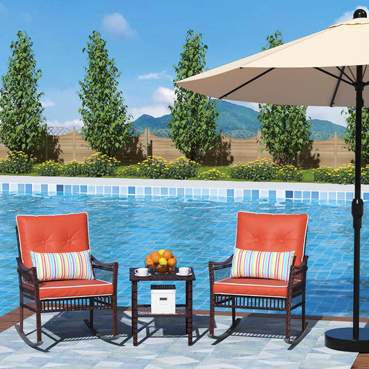 Outdoor Rocking Chairs 3 Pieces Patio Conversation Front Porch Furniture, Wicker Rocking Chairs Bistro Set with Coffee Table and Cushions for Garden and Balcony, Orange