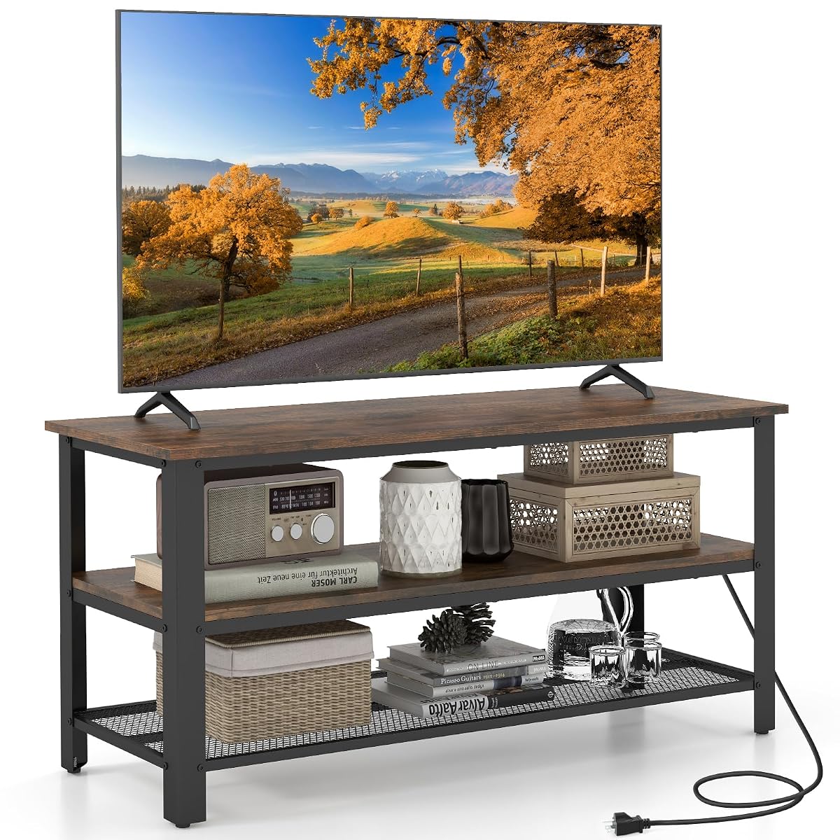 Small TV Stand for TVs up to 50 Inch, 3-Tier TV Console Table with Power Outlets, USB Ports, Storage Shelves, Industrial Media Entertainment Center for Living Room (Rustic Brown, 43.5”L)
