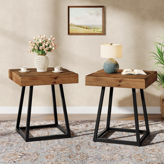 2PCS Solid Wood Nightstand with Metal Frame