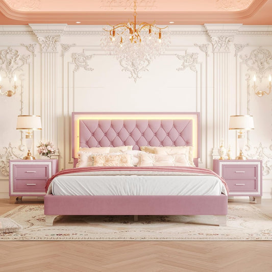 Bedroom Sets, 3-Pieces Bedroom Sets, Queen Size Upholstered Platform Bed with LED Lights and 2 Nightstands, Pink