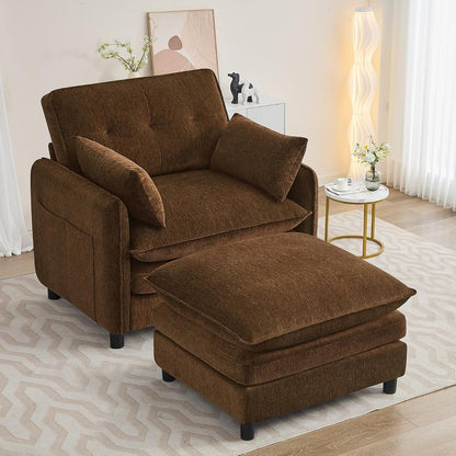Chenille Oversized Accent Chair with Ottoman, 63" D Oversized Chair and Ottoman with Double Pocket, Reading Armchair with Extra Wide Armrests for Living Room, Reception Room, Brown