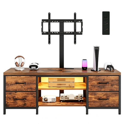 TV Stand with Mount for 75 Inch TV, Media Console Table, 59 Inch | Industrial Entertainment Center for Living Room, with LED Light and Power Outlets, Drawers, Open Shelves, Steel, Rustic Brown