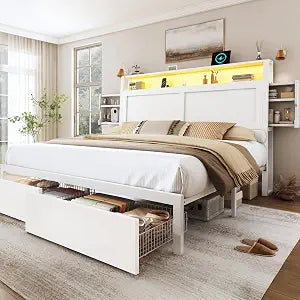 King Size Wooden Bed Frame with Storage Drawer and LED Headboard, view 2