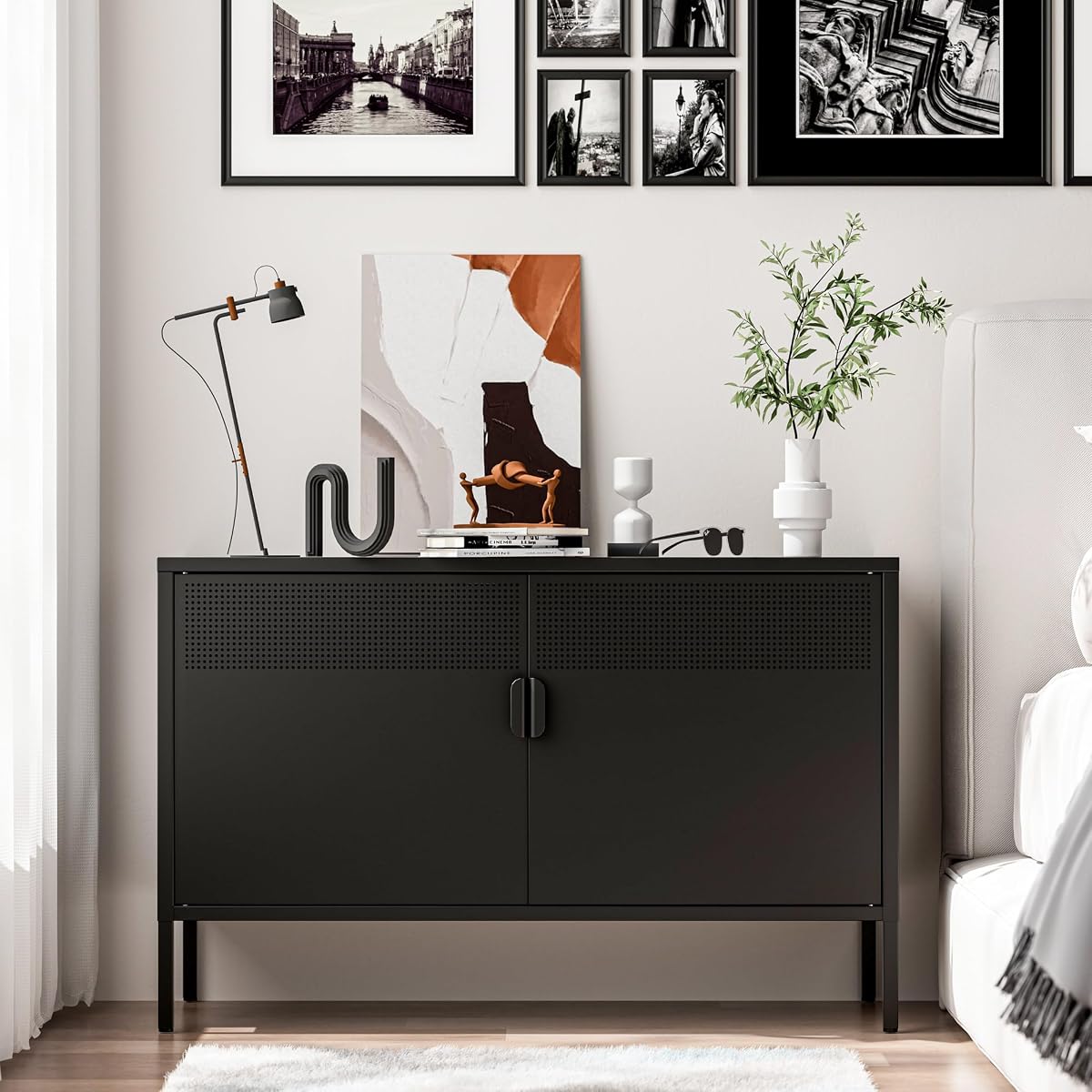 2 Door Storage Sideboard, Metal Storage Cabinet with 2 Adjustable Shelf,Multipurpose Metal Accent Cabinet for Office Home,Music Studio (Black, 25''H)