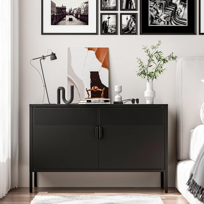 2 Door Storage Sideboard, Metal Storage Cabinet with 2 Adjustable Shelf,Multipurpose Metal Accent Cabinet for Office Home,Music Studio (Black, 25''H)