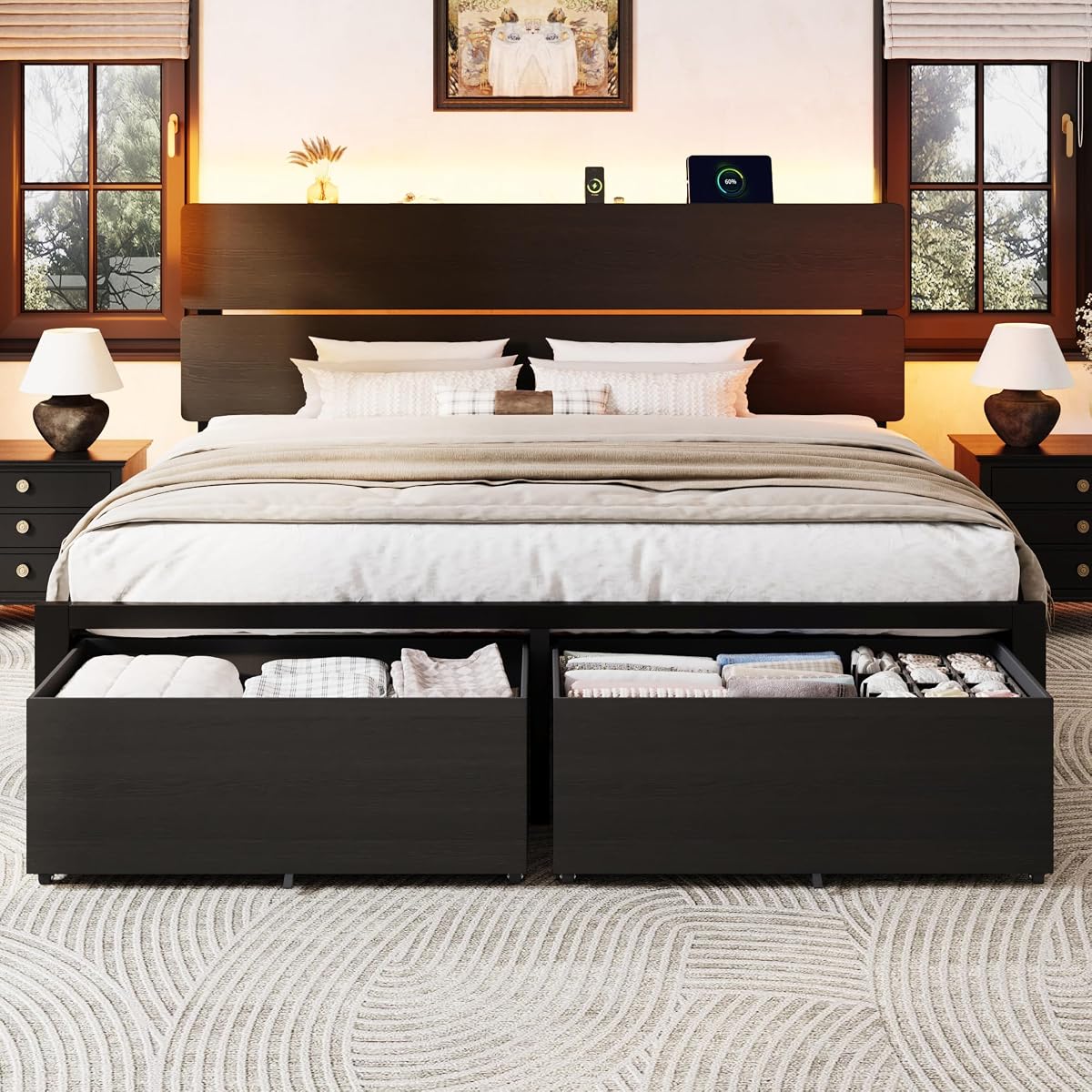 King Led Bed Frame, 2 Storage Drawers, Charging Station, Black