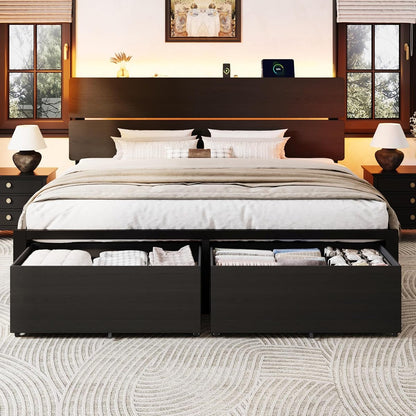 King Led Bed Frame, 2 Storage Drawers, Charging Station, Black