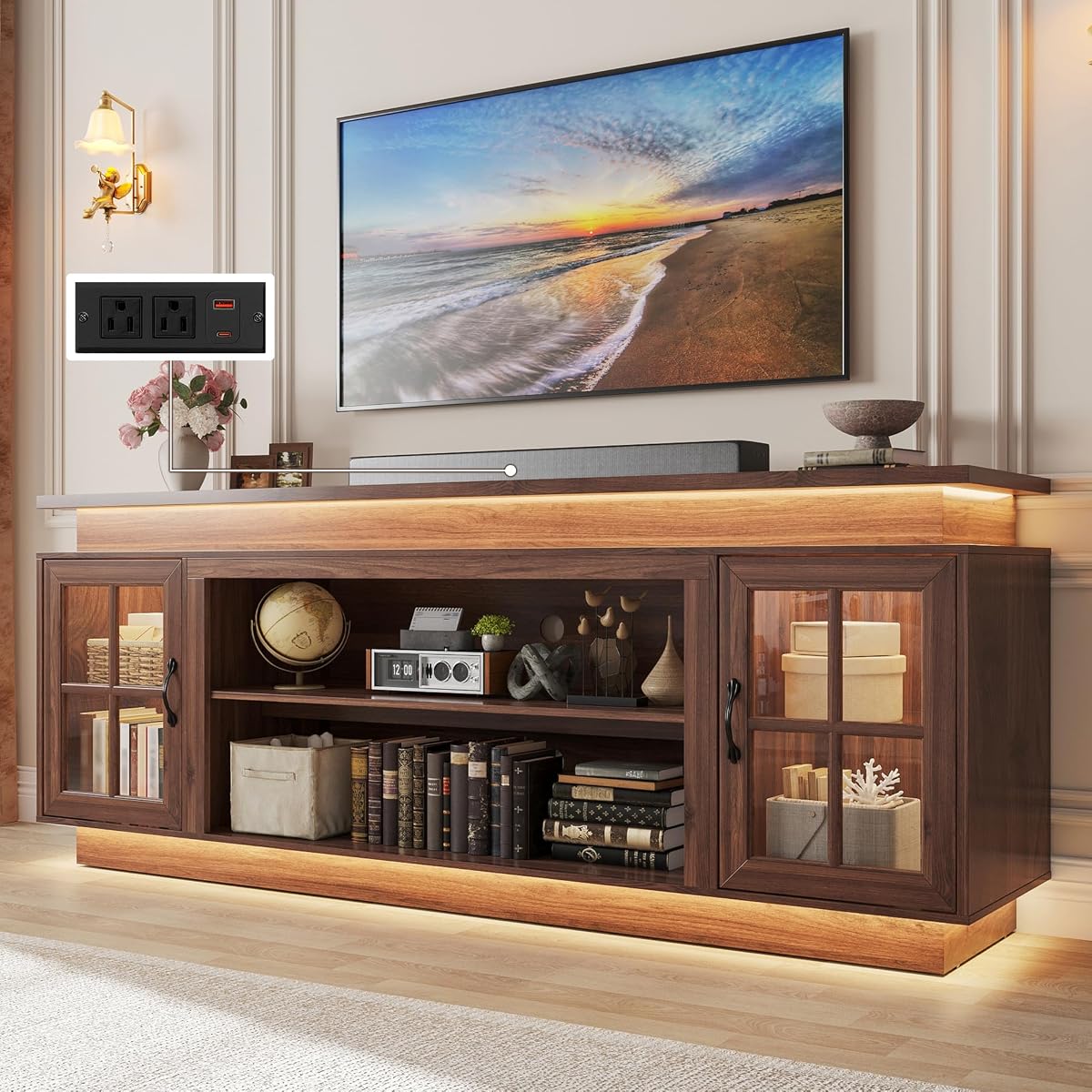 Modern Walnut Wood TV Stand for 75/80 Inch TV,Entertainment Center