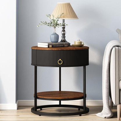 Round End Table with Drawer, Wood Grain Bedside Table, Brown and Black | 2-Tier Nightstand with Drawer, Side Table, Shelf, MDF Board, PVC, Metal Frame, Living Room, Bedroom, office