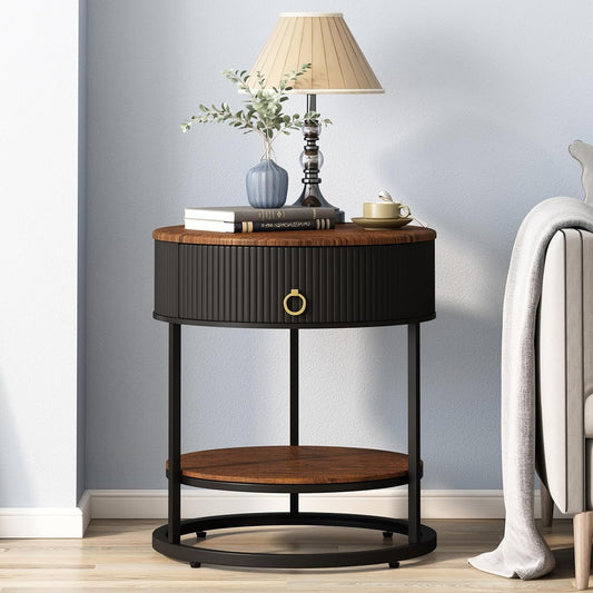Brown and black round 2 tier end table with drawer