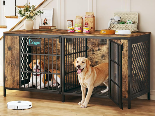 63" Large Double Dog Kennel Furniture for 2 Dogs – Extra Sturdy XXL Metal &