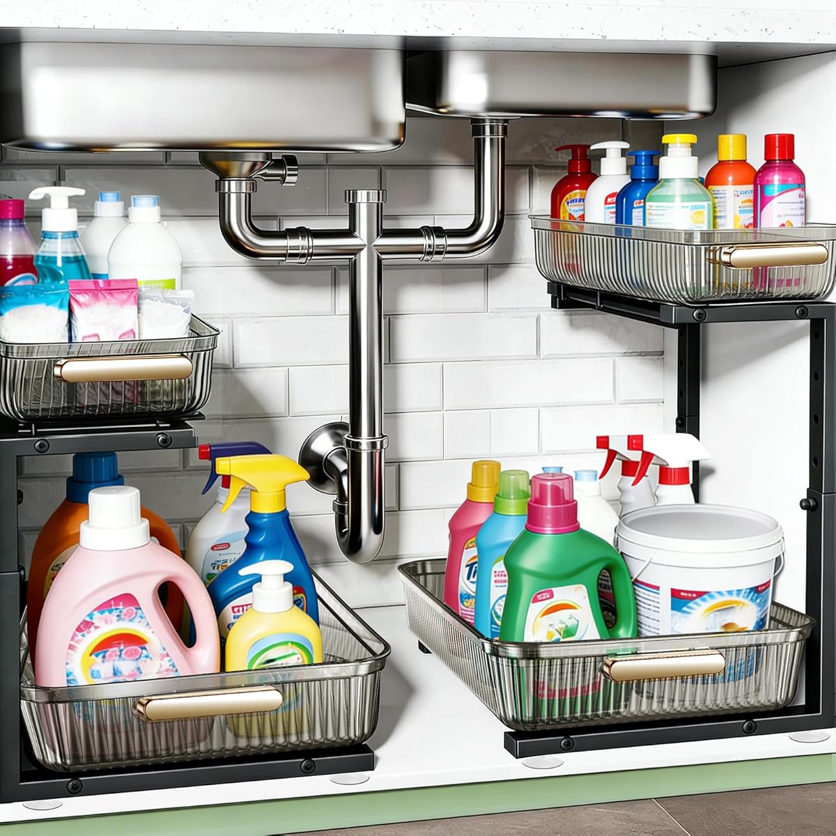 Under Sink Organizer - 2 Packs Multi-Purpose Pull-Out Storage Organizers, Slide out Pull out Cabinet Organizer Shelf, Storage for Kitchen Bathroom, Clear