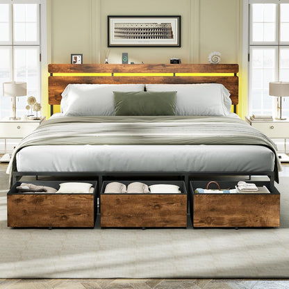 King Size Bed Frame with Wood Headboard,3 Storage Drawers & Shelf