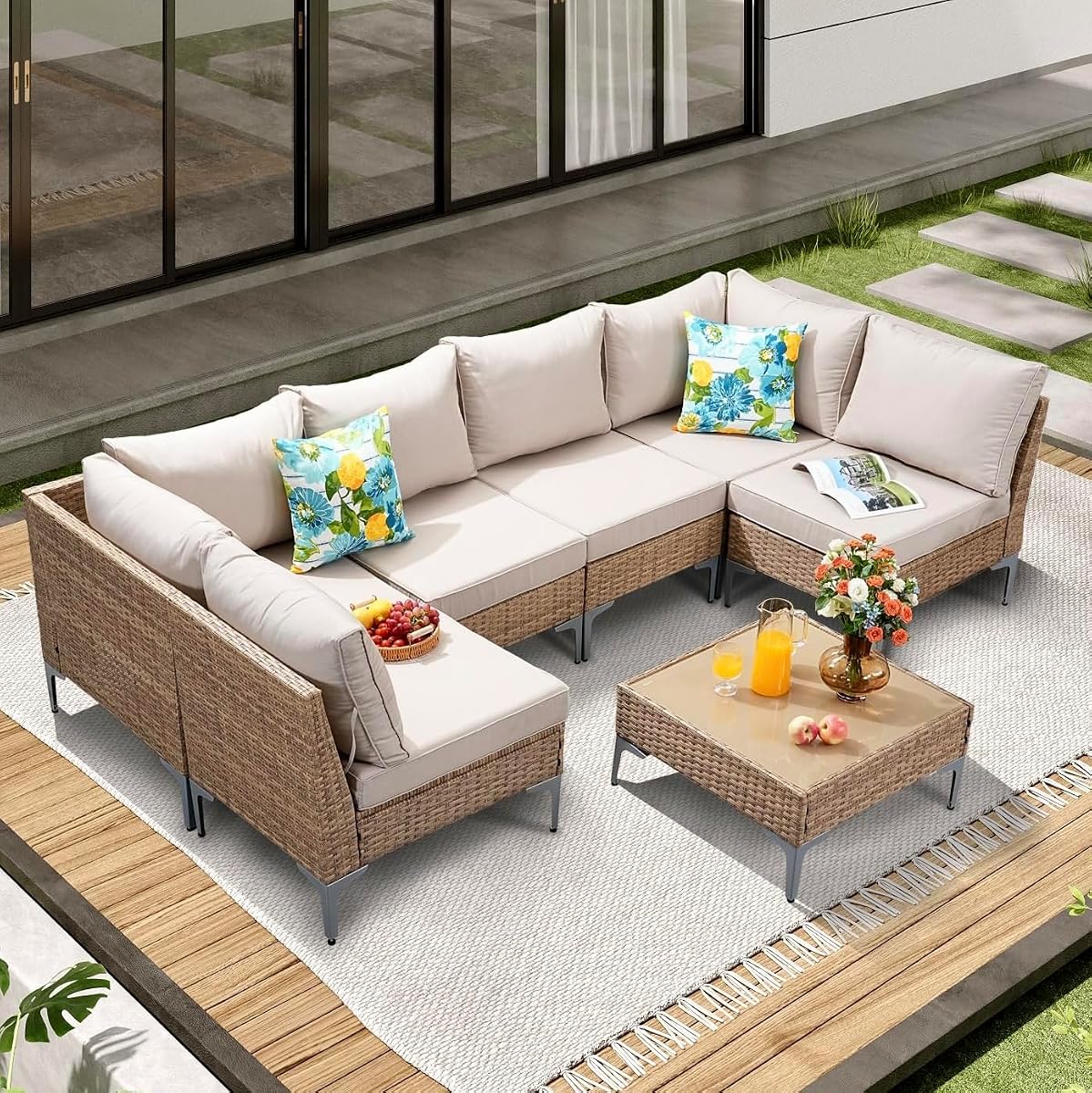 7 Piece Wicker Patio Furniture Set,Outdoor Conversation Sectional Sofa w/Coffee Table,All-Weather Outdoor Sofa with Thick and Anti-Slip Cushions for Deck,Poolside,Garden,Beige