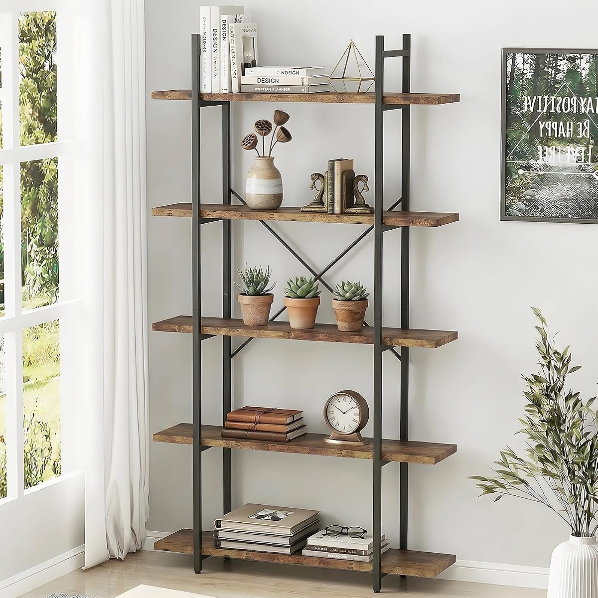 5 Tiers Bookshelf Organizer Industrial Shelf,Modern Open Display Storage Bookcase,Rustic Brown and Metal Bookshelf Standing Storage Shelf Tall Shelving Units for Home Office Study.