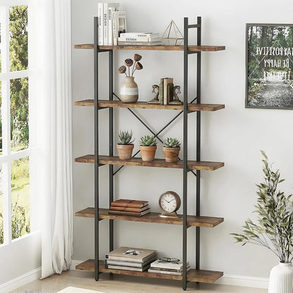 5 Tiers Bookshelf Organizer Industrial Shelf,Modern Open Display Storage Bookcase,Rustic Brown and Metal Bookshelf Standing Storage Shelf Tall Shelving Units for Home Office Study.