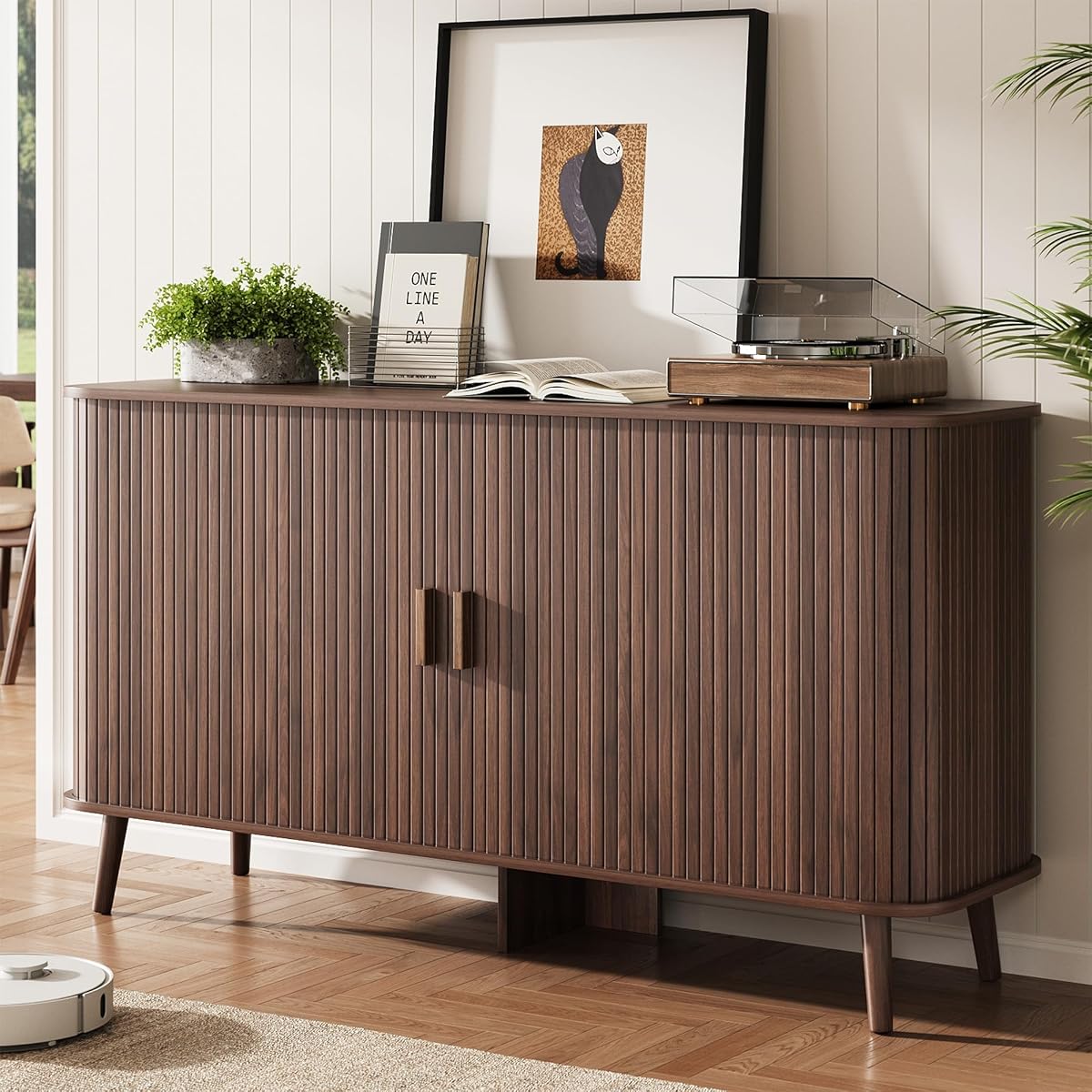 55" Fluted Sideboard Buffet Cabinet with Sliding Door