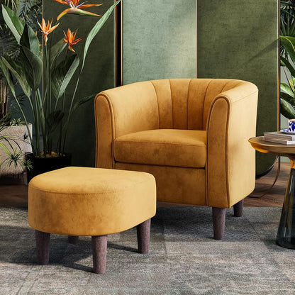 Accent Chair with Ottoman, Modern Barrel Chair Small Armchair Reading Chair with Footrest, Comfy Round Arms Chair for Living Room Bedroom Reading Room, Velvet, Yellow
