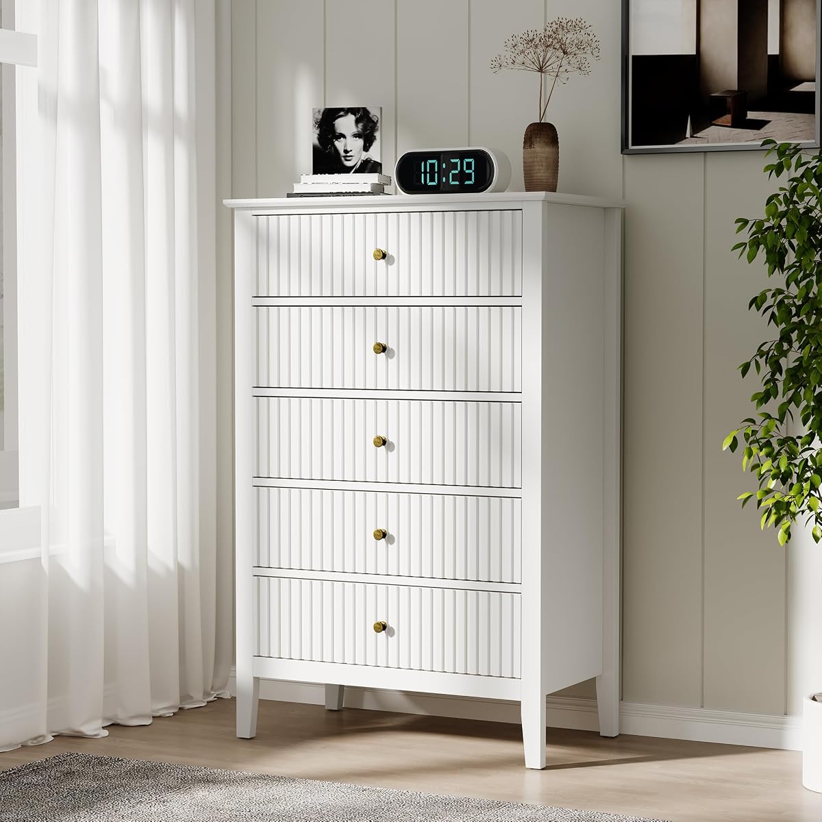 White Fluted 5 Drawer Dresser for Bedroom, Tall Chest of Drawers