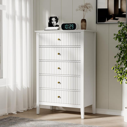 White Fluted 5 Drawer Dresser for Bedroom, Tall Chest of Drawers